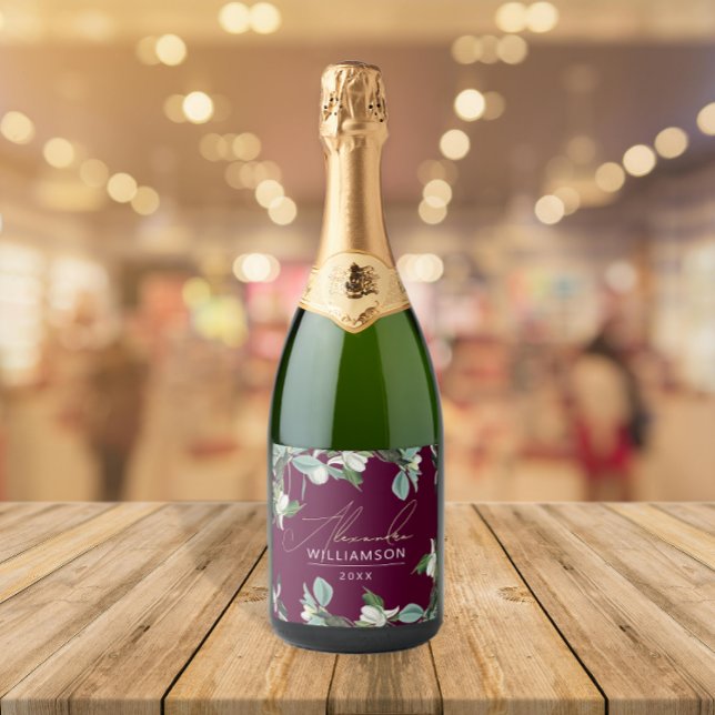 Stylish Elegant Burgundy And Sage Floral Party Sparkling Wine Label (Creator Uploaded)