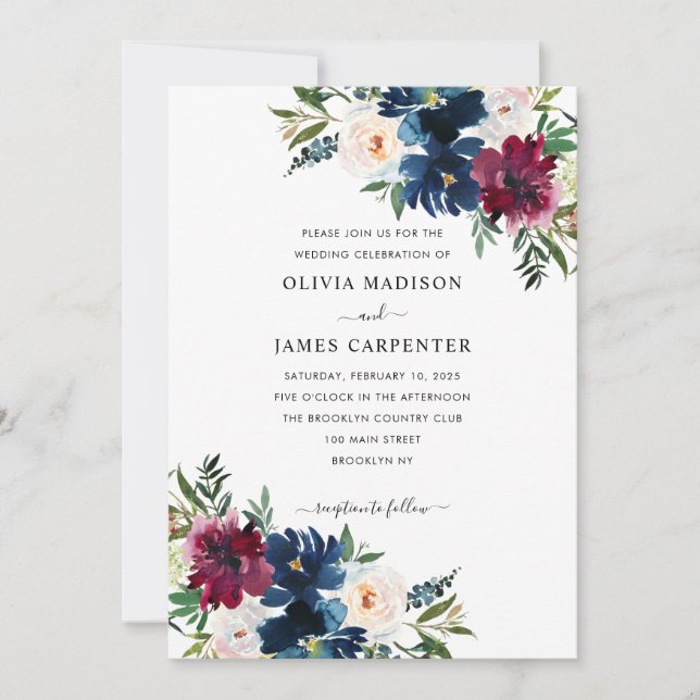 Stylish Elegant Burgundy Navy Blue Floral Wedding Invitation (Front)