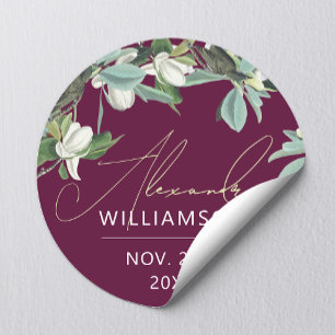 Stylish Elegant Burgundy White And Green Floral Classic Round Sticker