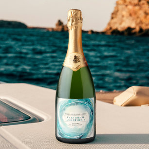 Stylish Elegant Coastal Turquoise Ocean Wave Sparkling Wine Label
