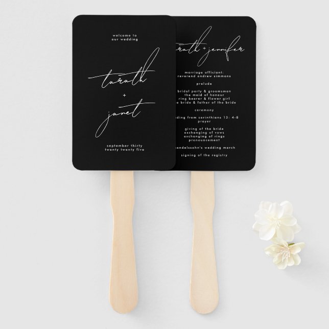 Stylish Elegant Custom Names Ceremony Program Hand Fan (Front and Back)