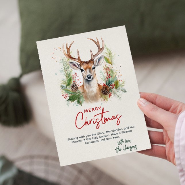 Stylish & Elegant Deer Christmas Greenery Custom Holiday Card (Creator Uploaded)