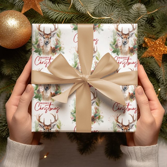 Stylish & Elegant Deer Christmas Greenery Wrapping Paper (Creator Uploaded)