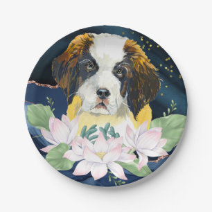Stylish elegant design w St Bernard dog and flower Paper Plate