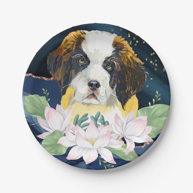 Stylish elegant design w St Bernard dog and flower Paper Plate (Front)
