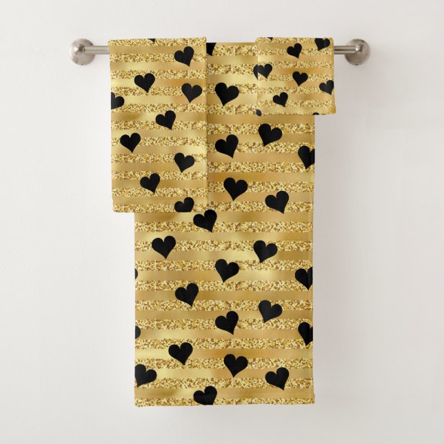 Stylish Elegant Gold Glitter Black Hearts Pattern  Bath Towel Set (Insitu)