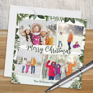 Stylish Elegant Greenery 4 Photo Collage Christmas Holiday Card