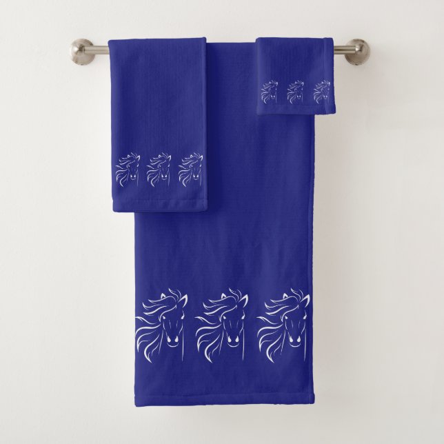 Stylish, Elegant, Horse Silhouettes on Navy Blue Bath Towel Set (Insitu)