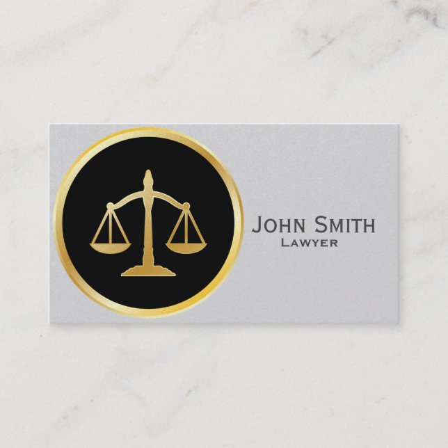 Stylish elegant lawyer with justice scales business card (Front)