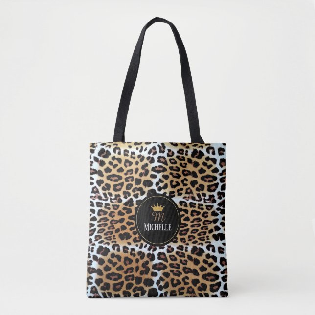 Stylish Elegant Leopard Print Crown Personalised Tote Bag (Front)