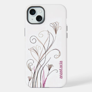 Stylish elegant line floral brown black pink iPhone 15 plus case