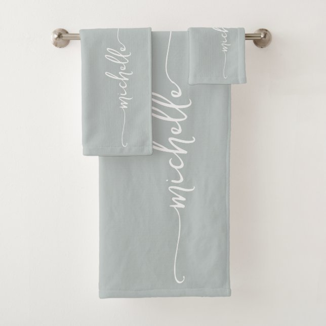 Stylish Elegant Monogram Name Script Sage Green Bath Towel Set (Insitu)