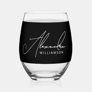 Stylish Elegant Name Black And White Calligraphy  Stemless Wine Glass