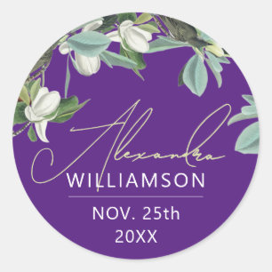 Stylish Elegant Name Date Purple Botanical Floral Classic Round Sticker