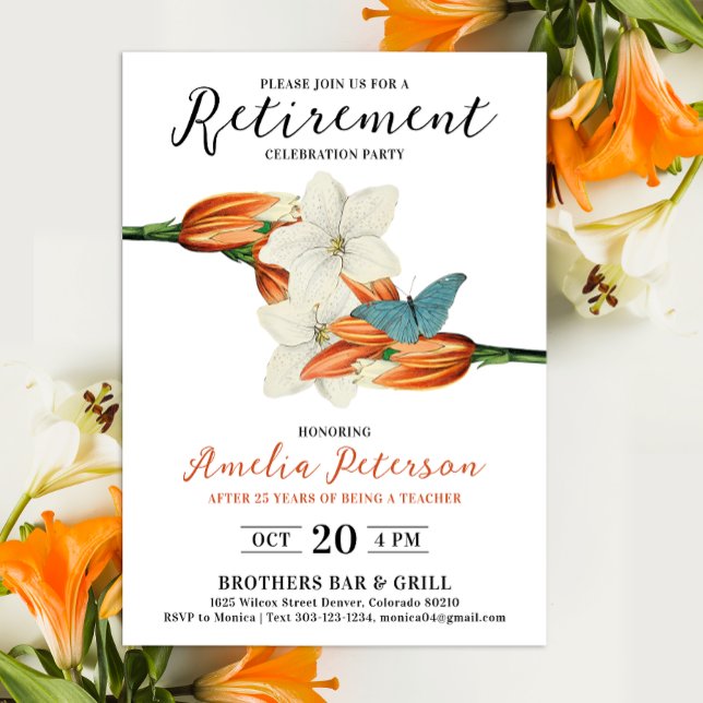Stylish Elegant Orange White Retirement Floral  Invitation (Creator Uploaded)