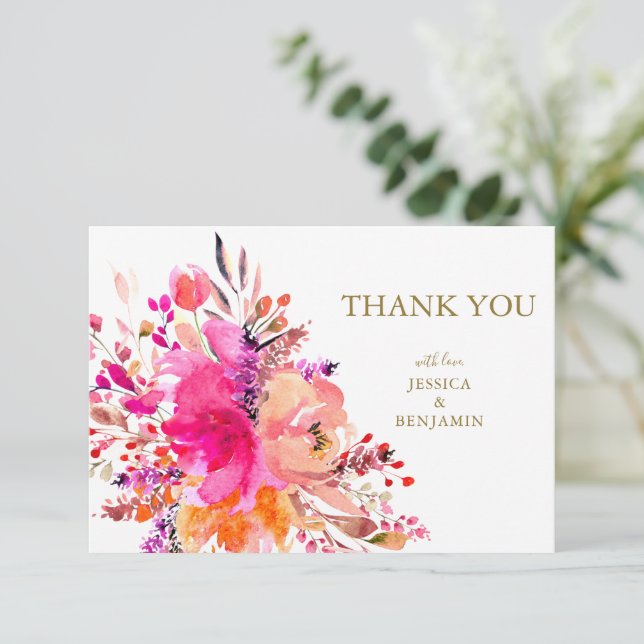 Stylish Elegant Pink Floral Custom Wedding Flat Thank You Card (Standing Front)