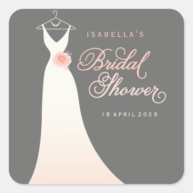 Stylish Elegant Pink Wedding Gown Bridal Shower Square Sticker (Front)
