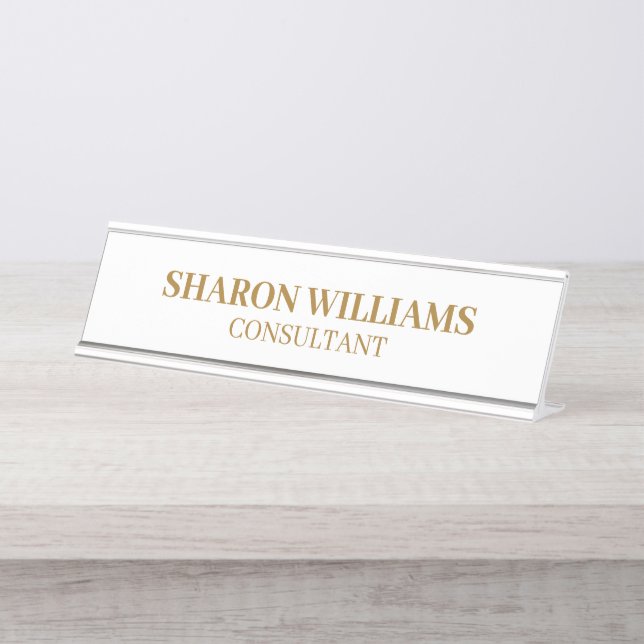 Stylish Elegant Professional White Gold Minimal Desk Name Plate (Front)