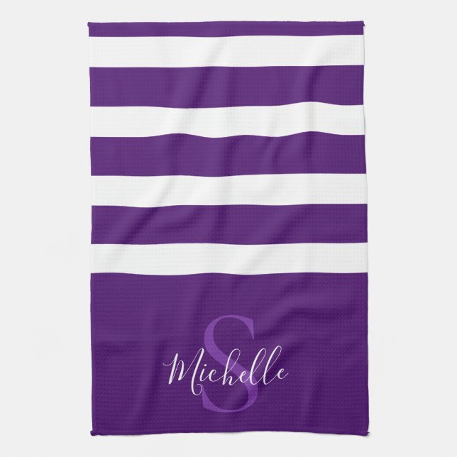 Stylish Elegant Purple Simple Striped Monogram Tea Towel (Vertical)