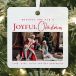 Stylish Elegant Red Merry Christmas family photo Metal Tree Decoration<br><div class="desc">Elevate your holiday decor with our chic and contemporary personalised photo ornament. Your family name takes centre stage in timeless typography, beautifully complemented by a handwritten script font in white, all set against your full-size photograph. This modern and minimal design ensures your special photo shines in a unique way, adding...</div>