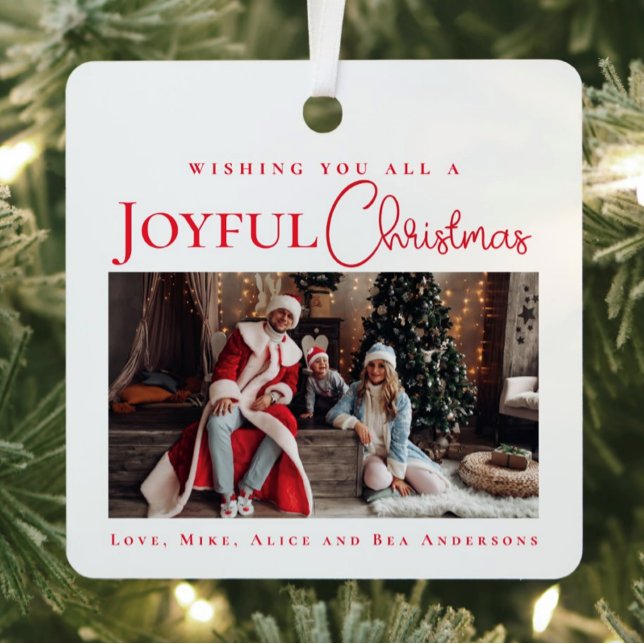 Stylish Elegant Red Merry Christmas family photo Metal Tree Decoration (Elegant Merry Christmas ornament with family photo and elegant red script)