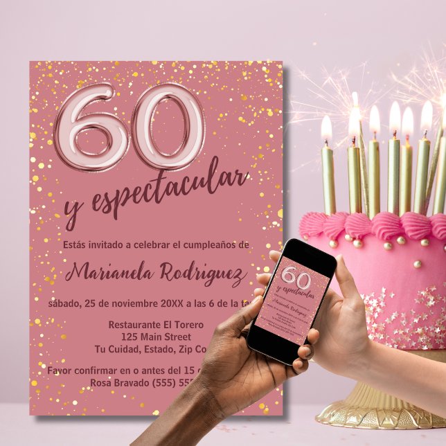 Stylish Elegant Rose Gold 60th Birthday Spanish Invitation (Creator Uploaded)