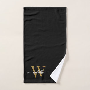 Stylish Elegant Script Black Gold Monogram Name  Hand Towel