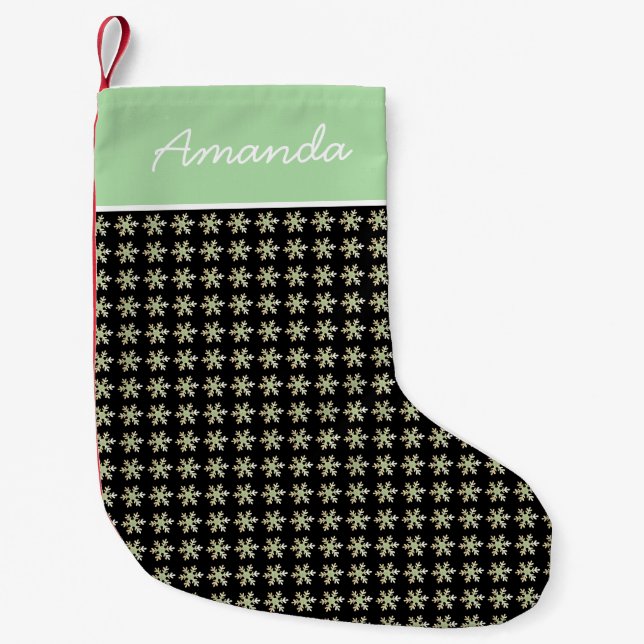 Stylish Elegant Snowflakes Black Name Small Christmas Stocking (Front)