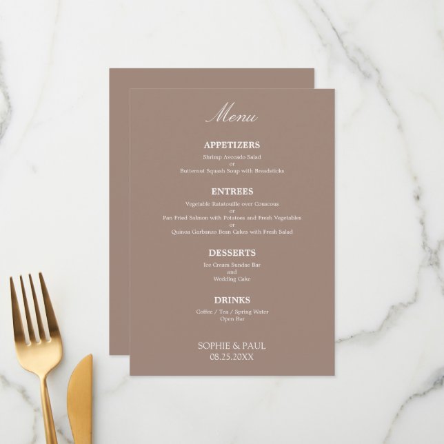 Stylish Elegant Taupe Wedding Menu (Front/Back In Situ)