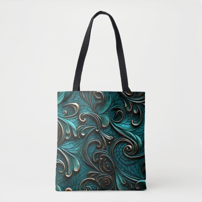 Stylish Elegant Teal Faux Embossed Leather Tote Bag (Front)