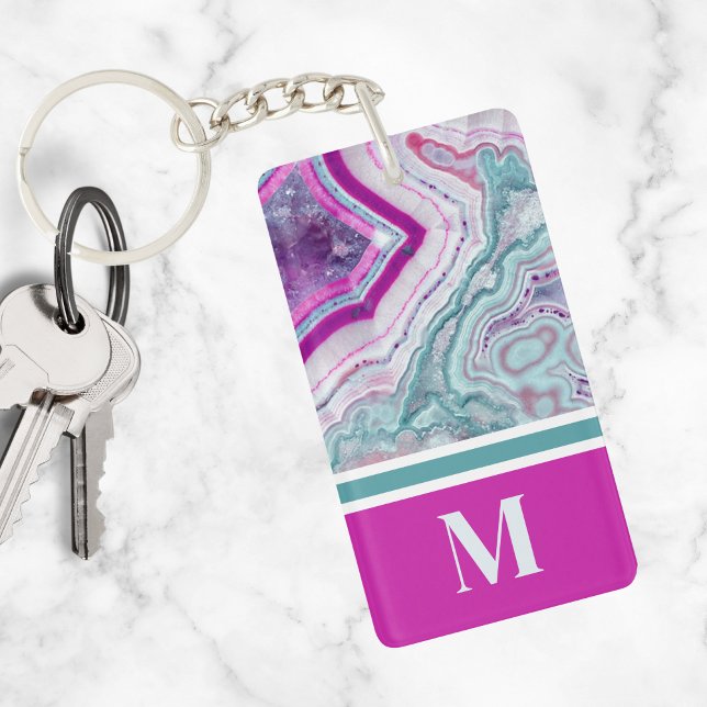 Stylish Elegant Trendy Agate Initial Monogram Key Ring (Stylish Teal Magenta Pink Agate Stone Monogram Keychain)