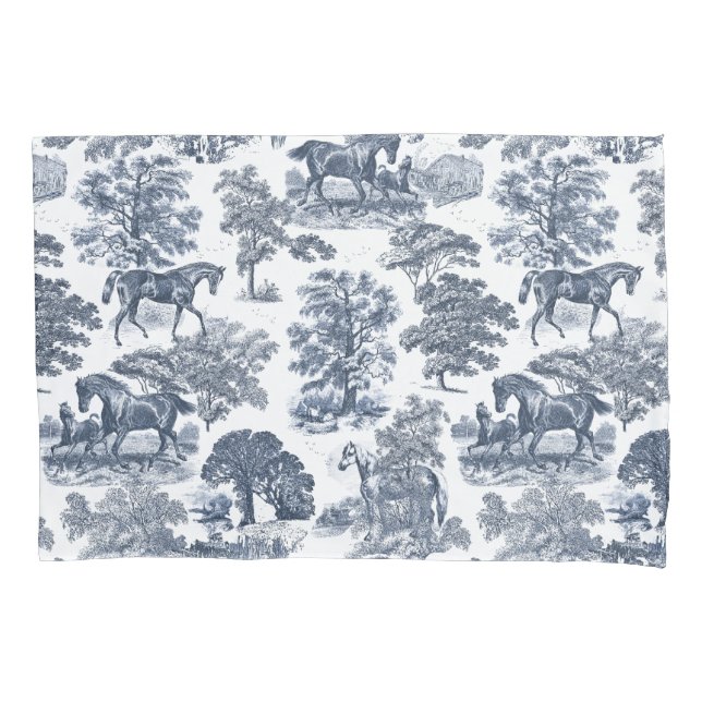 Stylish Elegant Vintage Blue Horses Toile Pillowcase (Front)