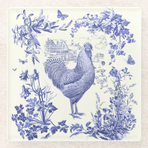 Stylish Elegant Vintage Rooster Blue Floral Toile Glass Coaster