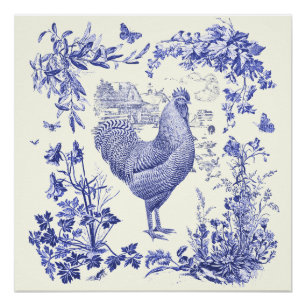 Stylish Elegant Vintage Rooster Blue Floral Toile Poster