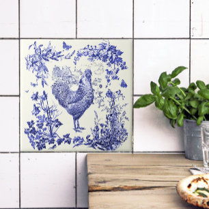 Stylish Elegant Vintage Rooster Blue Floral Toile  Tile