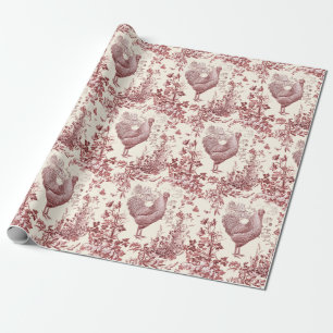 Stylish Elegant Vintage Rooster Red Floral Toile  Wrapping Paper