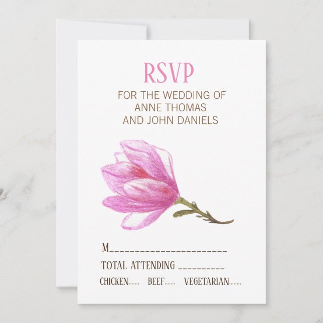 Stylish, ELEGANT WEDDING RSVP  CARD Pink Flower (Front)