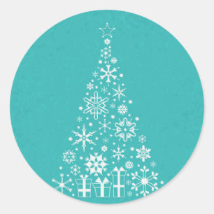Stylish elegant white and teal Christmas tree Classic Round Sticker