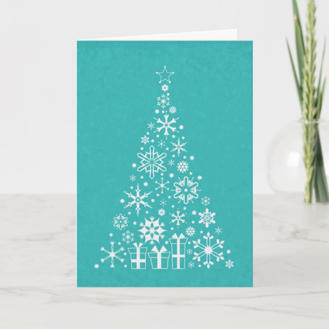 Stylish elegant white and teal Christmas tree Holiday Card (Front)
