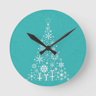 Stylish elegant white and teal Christmas tree Round Clock