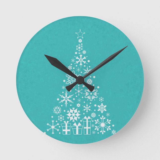 Stylish elegant white and teal Christmas tree Round Clock (Front)