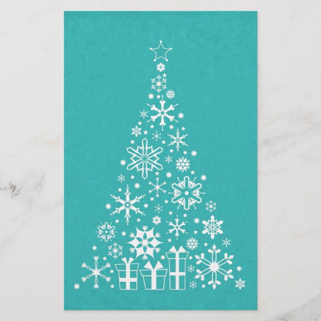 Stylish elegant white and teal Christmas tree Stationery (Front)