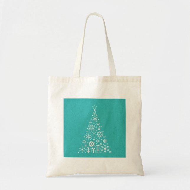 Stylish elegant white and teal Christmas tree Tote Bag (Front)