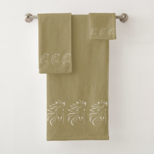 Stylish, Elegant, White Horse Silhouettes on Beige Bath Towel Set