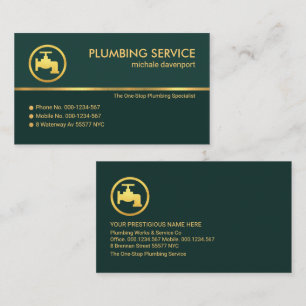 Stylish Emerald Green Gold Line Faucet Plumbing Business Card