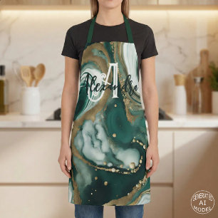 Stylish Emerald Green Gold Marble Agate Monogram Apron