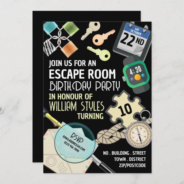 Stylish Escape Room, Birthday Party Invitation (Front/Back)