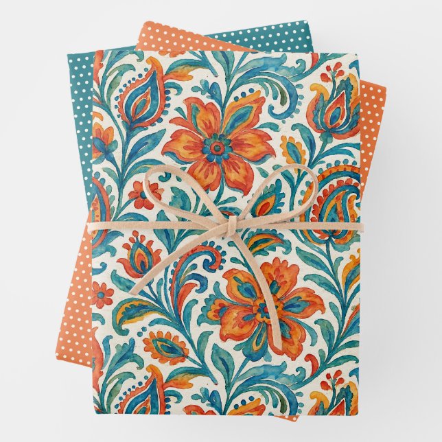 Stylish Ethnic Colourful Paisley Floral Art Patter Wrapping Paper Sheet (In situ)