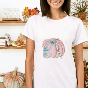 Stylish Fall Watercolor Pink Blue Pumpkin Autumn T-Shirt