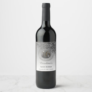 Stylish Falling Black Glitter 16th Birthday Wine Label